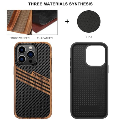 TENDLIN Compatible with iPhone 15 Pro Case Wood Grain with Carbon Fiber Texture Design Leather Hybrid Slim Case (Three Stripe) - color: Three Stripe, size: iPhone 15 Pro