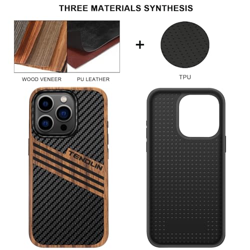 TENDLIN Compatible with iPhone 15 Pro Case Wood Grain with Carbon Fiber Texture Design Leather Hybrid Slim Case (Three Stripe) - color: Three Stripe, size: iPhone 15 Pro