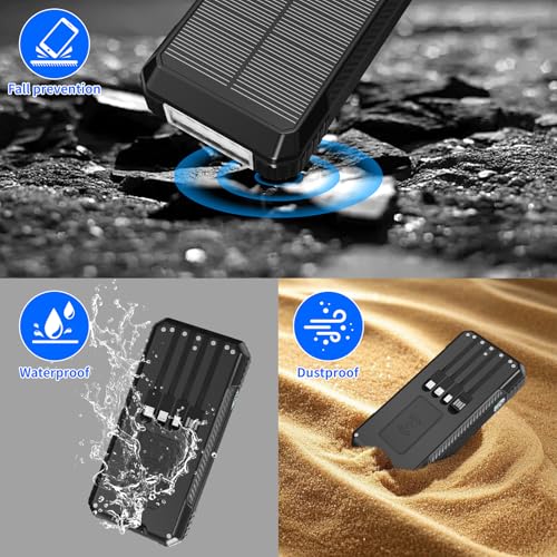 Solar Power Bank 49800mAh, Portable Charger with Built-in 4 Cables, 22.5W Fast Charging Solar Panel Charger for Traveling, Camping and Emergency(Black) - color: Black