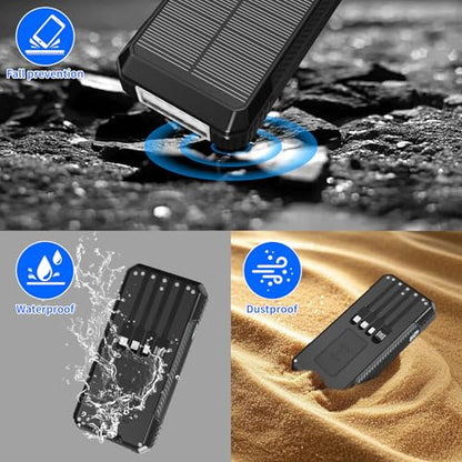 Solar Power Bank 49800mAh, Portable Charger with Built-in 4 Cables, 22.5W Fast Charging Solar Panel Charger for Traveling, Camping and Emergency(Black) - color: Black