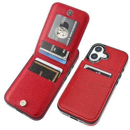 KIHUWEY for iPhone 17 Wallet Case Card Holder Kickstand, Lichee Red | Credit Card Slots, PU Leather, Magnetic Clasp, Flip Heavy Duty Protection Cover for Men and Women - color: Lichee Red