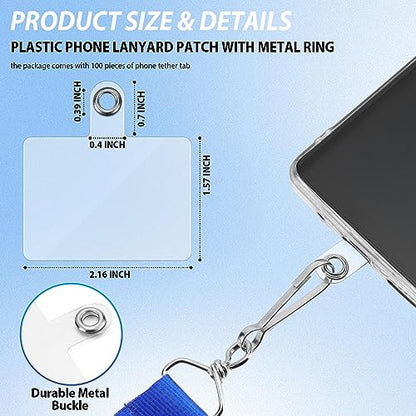 Tenceur 100 Pcs Universal Phone Tether Tab Plastic Lanyard Patch with Metal Ring for Wrist Cell Phone Lanyard Strap Fit Most Smartphones Safety Drop Protection, Clear