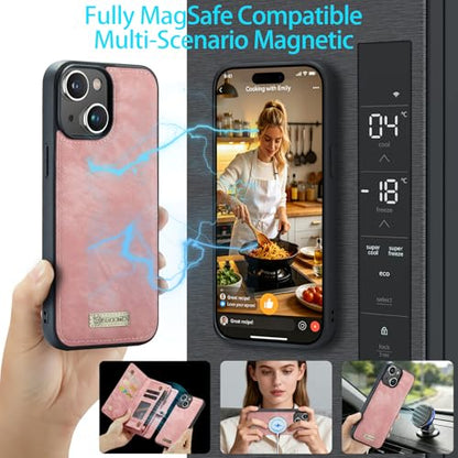 Compatible with iPhone 15 Plus Wallet Case with Magsafe,Pink | Magnetic Detachable Case,Card Holder,Zipper Pocket,Strap Wristlet, Soft Leather Drop-Proof Phone Case for iPhone 15 Plus - color: Pink, size: iPhone 15 Plus 6.7"