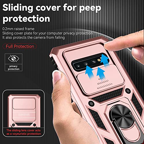 for Samsung Galaxy S10 Plus Case with Camera Lens Cover HD Screen Protector, Military-Grade Drop Tested Magnetic Ring Holder Kickstand Protective Phone Case for Samsung Galaxy S10+ Plus (Rose Gold) - color: Rose Gold with camera cover Military-Grade 2nd g