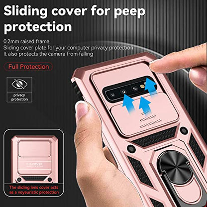 for Samsung Galaxy S10 Plus Case with Camera Lens Cover HD Screen Protector, Military-Grade Drop Tested Magnetic Ring Holder Kickstand Protective Phone Case for Samsung Galaxy S10+ Plus (Rose Gold) - color: Rose Gold with camera cover Military-Grade 2nd g