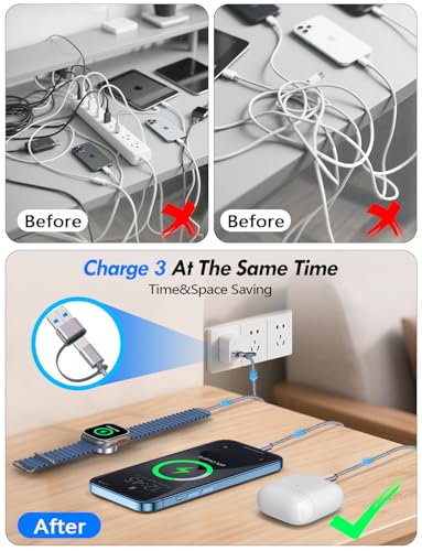 2Pack Travel Essentials for Apple Watch Charger,3-in-2 Multi Charging Cable - color: Gray, size: 2Pack-4FT