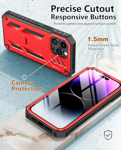 FNTCASE for iPhone 14 Pro Max Case, Built-in Screen Protector, Kickstand | 20FT Military-Grade Drop Protection, Anti-Slip Matte Textured, Rugged Heavy Duty Shockproof TPU Protective Cover - color: Kickstand Red
