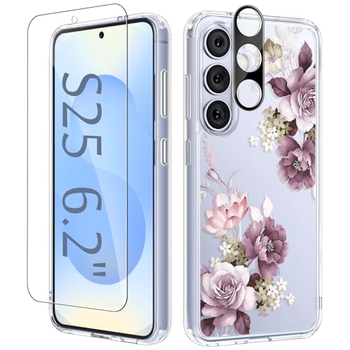 GVIEWIN for Samsung Galaxy S25 Case, Clear Floral Slim Shockproof Protective Women Phone Case, Non-Yellowing, with Screen Protector & Camera Lens Protector for Galaxy S25 6.2", Cherry Blossoms - color: Cherry Blossoms/Purple, size: For Galaxy S25 6.2"