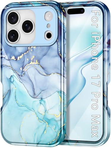 Btscase Compatible with iPhone 17 Pro Max Case 6.9 Inch 2025,Marble Pattern 3 in 1 Heavy Duty Shockproof Full Body Rugged Hard PC+Soft Silicone Drop Protective Women Girl Phone Cases, Blue Cyan - color: Blue Cyan, size: iPhone 17 Pro Max