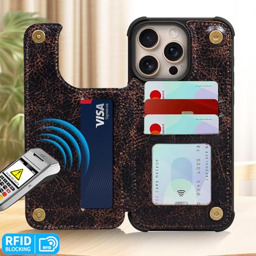 Leather Case Compatible with iPhone 14 Pro Wallet 6.1" | Genuine Leather 2in1 Magnetic Detachable Shockproof Kickstand,Flip Folio Cover with Card Slot,RFID Blocking Coffee - color: Brown Coffee, size: 6.1"-14 Pro