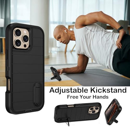 for iPhone 16 Pro Case with Screen Protector,Built-in Invisible Kickstand,Heavy Duty Shockproof Drop Protection Military Grade Tri-Layer Rugged Durable Cell Phone Cover for Apple 16 Pro 6.3" (Black - color: Black