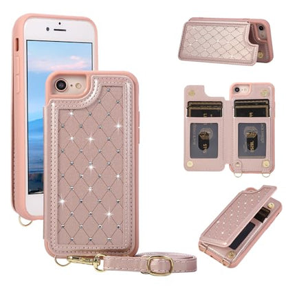 Crossbody Wallet Case for iPhone 7/8/SE 2020/SE 2022(4.7") with Detachable Strap - PU Leather Flip Folio with Card Slots & RFID Blocking, Sparkling Diamond Accents-Pink - color: Pink, size: iPhone 7/8/SE 2020/SE 2022(4.7")