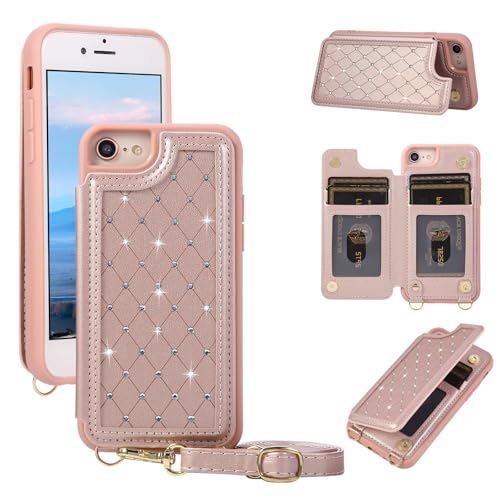 for iPhone 7/8/SE 2022/SE 2020 Wallet Case with Card Holder Slots and Strap, RFID Blocking Magnetic Flip Folio Cover, Crossbody Purse Protection Case with Kickstand,Rose Gold Diamond - color: Rose Gold Diamond, size: iPhone 7/8/SE 2022/SE 2020(6.6")