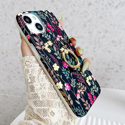 Qokey for iPhone 13/14 6.1" Case, Cute Garden Flowers Design for Girls Women, Matte Pattern Soft Shockproof TPU Anti-Scratch Phone Cover, Black Mixed Floral - color: Rattan