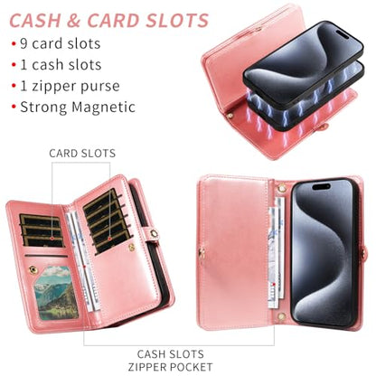 Asuwish Phone Case for iPhone 15 Pro 6.1 inch Zipper Wallet Magnetic Detachable Cell Cover with Tempered Glass Screen Protector Crossbody Strap Flower Card Holder i Phone15 i15 15Pro Women Rose Gold - color: Rose Gold