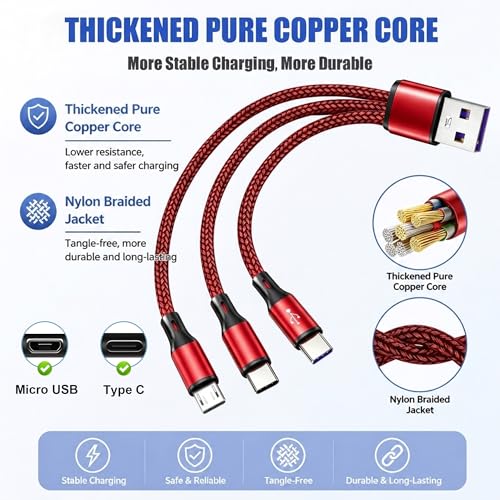 Multi Charging Cable, 3 in 1 USB Charging Cable for Multiple Devices, Red Braided Short 0.65FT USB A to 2 USB C + 1 Micro USB Splitter, 5A Fast Charge Compatible with Phone Tablets and More