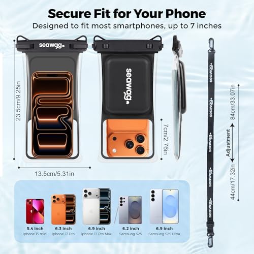 SEAWAG Waterproof Phone Pouch that Cannot Sink, IPX8 Floating Foam Case up to 7.5in PRO Underwater Dry Bag for iPhone & Samsung, Touchscreen, Lanyard, Snorkeling Boating Black