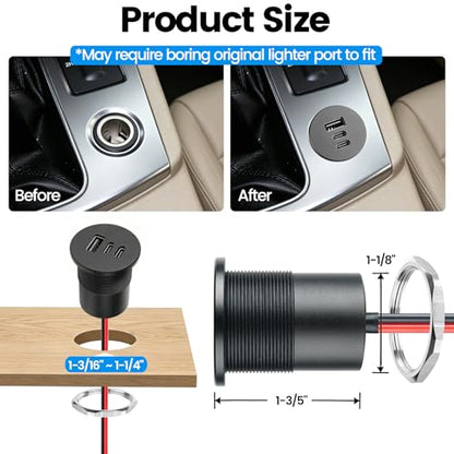 acegoo 78W 12V USB Outlet, 3 Port Fast Charging Aluminum Car USB C Charger - color: 1 Pcs