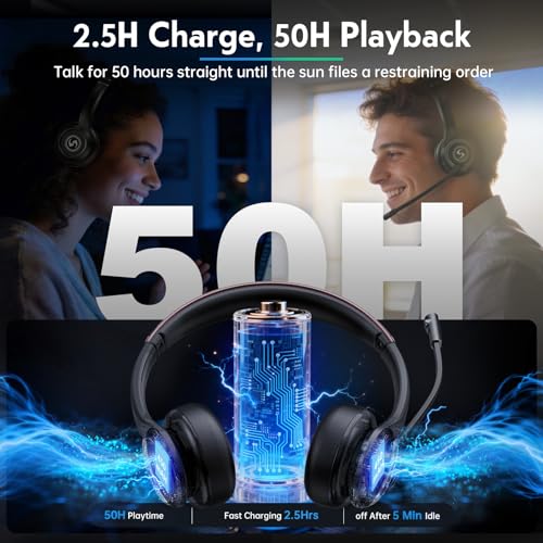 Wireless Headset with Mic for Work, Dual-Mode Headphones 50H Talk - color: Black