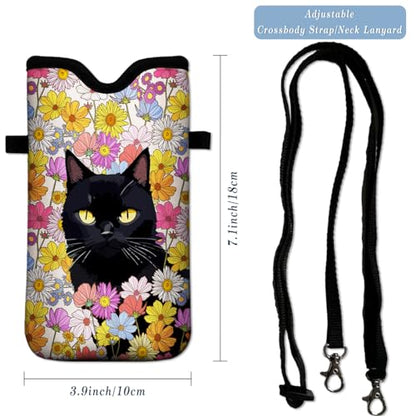 Universal Neoprene Cell Phone Pouch 7.1 X 4 in Mobile Protection Case Bag with Crossbody Strap/Neck Lanyard Black Cat Floral Printed Pattern - color: Black Cat Floral Printed Pattern