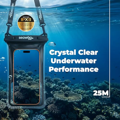 SEAWAG Waterproof Phone Pouch that Cannot Sink, IPX8 Floating Foam Case up to 7.5in PRO Underwater Dry Bag for iPhone & Samsung, Touchscreen, Lanyard, Snorkeling Boating Black