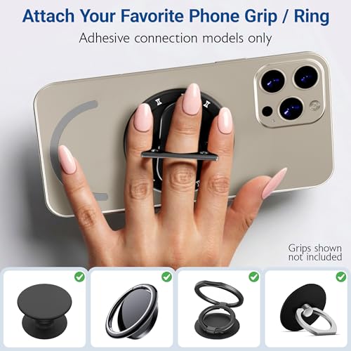 Magnetic Base Adapter for Phone Grips & Collapsible Sockets - Hidden Mirror, 2.8mm Aluminum, N55 Magnets, Removable for Charging, Compatible with MagSafe Cases (Matte Black) - color: Matte Black