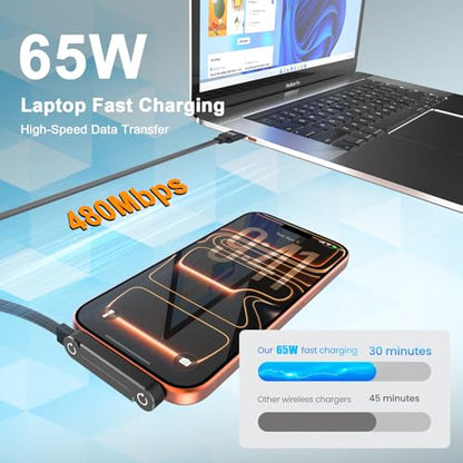 65W USB A to USB C Cable with Foldable Stand,5FT Sideways Invisible Charging Cord,90 Degree Right Angle Braided Gaming Fast Charger Cable Compatible with iPhone 17 16 15 ,MacBook,iPad,Galaxy S26 S25