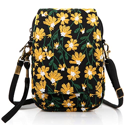 SILKAREA Embroidered Cute Mini Crossbody Bag for Women Small Handbags Wristlet Wallet Bag Cell-phone Pouch Coin Purse - color: Chamomile Yellow
