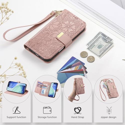 for iPhone 17 Pro Max Phone Case Wallet, Pink | Built-in Card Holder (8-10 Cards), Zipper Pocket, Wrist Strap, Stand Kickstand, Flower PU Leather Protective Phone Case Women - color: Pink, size: iPhone 17 Pro Max