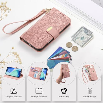 for iPhone 17 Pro Max Phone Case Wallet, Pink | Built-in Card Holder (8-10 Cards), Zipper Pocket, Wrist Strap, Stand Kickstand, Flower PU Leather Protective Phone Case Women - color: Pink, size: iPhone 17 Pro Max