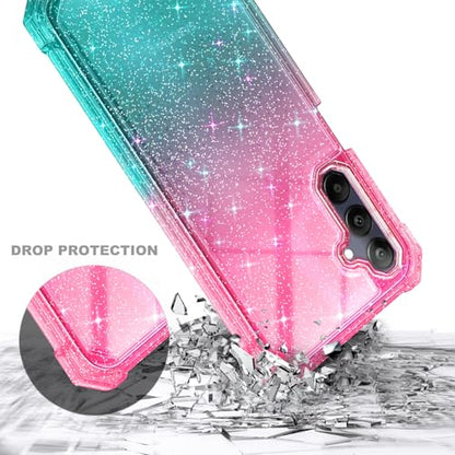 Compatible with Samsung Galaxy A15-5G Phone Case Glitter Pink/Aqua | Full-Body Protective Shockproof Bumper Cover with Tempered Glass Screen Protector, 12FT Military Grade Drop Tested - color: Glitter Pink/Aqua, size: Samsung Galaxy A15-5G