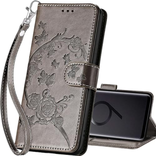 for Samsung Galaxy S9 Plus Wallet case, Gray Flower | 3 Card Holders, Kickstand, Shockproof TPU Shell, PU Leather, Magnetic Closure, Protective Flip Folio Cover, Women - color: 9