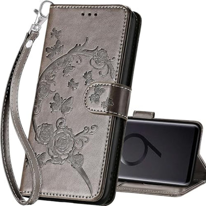 for Samsung Galaxy S9 Plus Wallet case, Gray Flower | 3 Card Holders, Kickstand, Shockproof TPU Shell, PU Leather, Magnetic Closure, Protective Flip Folio Cover, Women - color: 9