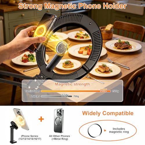 Magnetic Overhead Ring Light for Desk, 10” Selfie Light with Stand Tripod for iPhone, Adjustable Overhead Phone Mount with MagSafe-Compatible Holder for Recording, YouTube Video, Live Streaming