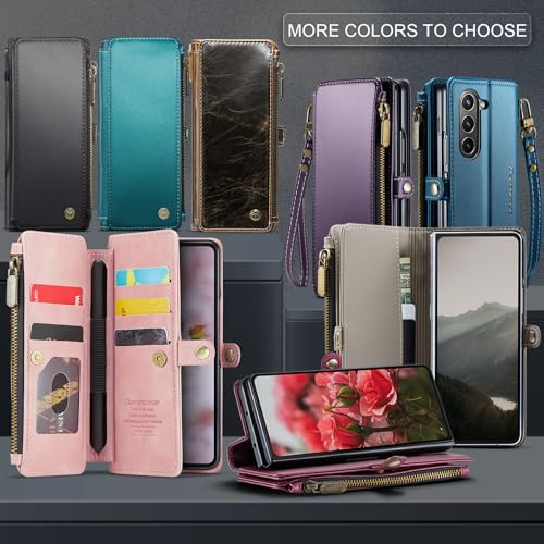 Defencase for Samsung Galaxy Z Fold 6 Wallet Case with Card Holder, Coffee | Durable Soft PU Leather, RFID Blcking Zipper Pocket, with S-Pen Holder & Strap, Flip Phone Cases with Stand for Women Men - color: Coffee