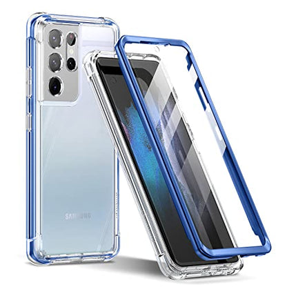 SURITCH for Samsung Galaxy S21 Ultra Clear Case 6.8" (Only), [Built-in Screen Protector] Full Body Protective Hard Shell+Soft TPU Phone Case for Samsung S21 Ultra -(Blue Edge) - color: Blue Edge