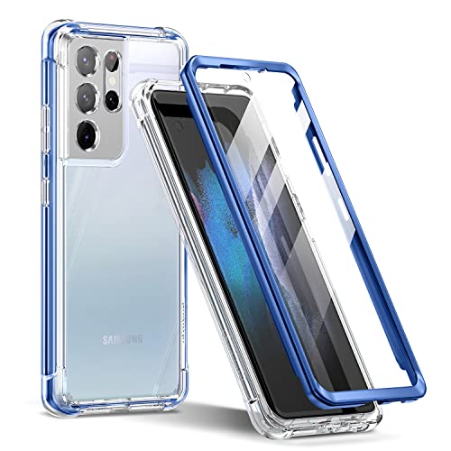 SURITCH for Samsung Galaxy S21 Ultra Clear Case 6.8" (Only), [Built-in Screen Protector] Full Body Protective Hard Shell+Soft TPU Phone Case for Samsung S21 Ultra -(Blue Edge) - color: Blue Edge