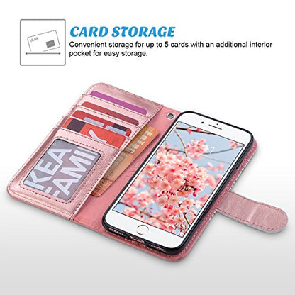ULAK for iPhone SE 3(2022)/SE(2020)/8/7 Wallet Case Card Holder Pink Stripe | Premium PU Leather Flip Case with Kickstand Card Slots [RFID Blocking] Wrist Strap, Durable Shockproof Cover 4.7 Inch - color: Pink BL Stripe