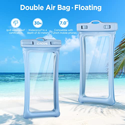CACOE Floatable Waterproof Phone Pouch 2 Pack Up to 7.0",Black+Light Blue | Floatable, IPX8 Waterproof Phone Case,Adjustable Lanyard,Dry Bags for Beach/Cruise/Travel/Camping/Kayak/Vacation Essentials - color: Black+Light Blue