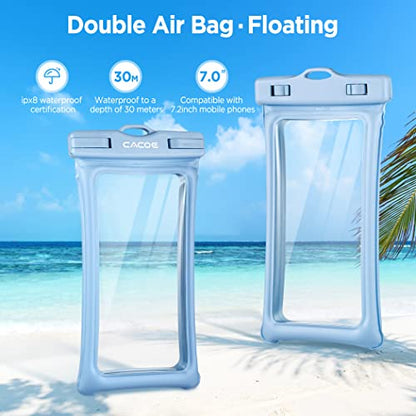 CACOE Floatable Waterproof Phone Pouch 2 Pack Up to 7.0",Black+Light Blue | Floatable, IPX8 Waterproof Phone Case,Adjustable Lanyard,Dry Bags for Beach/Cruise/Travel/Camping/Kayak/Vacation Essentials - color: Black+Light Blue