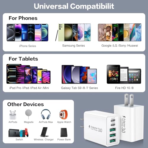 2-Pack USB C Wall Charger, 50W 5-Port USB C Charger Block Fast Charging - color: 2-Pack White