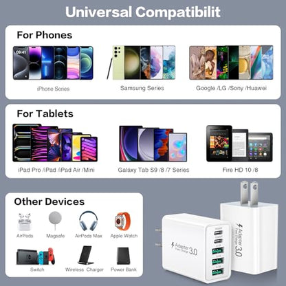 2-Pack USB C Wall Charger, 50W 5-Port USB C Charger Block Fast Charging - color: 2-Pack White
