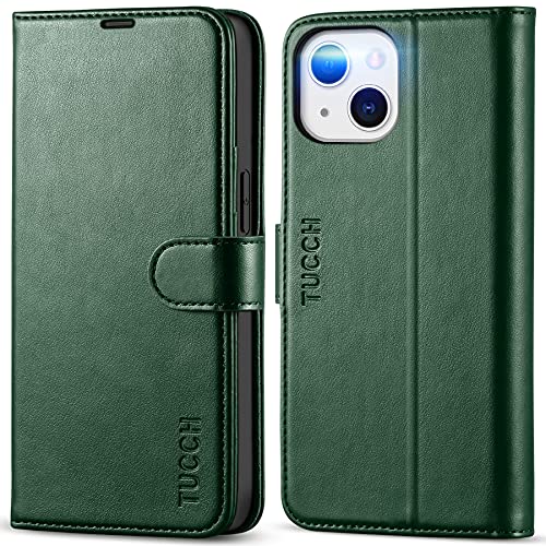 TUCCH Wallet Case for iPhone 13 (6.1") 2021, Flip Stand, Midnight Green | RFID Blocking, 3 Card Holders, Kickstand, PU Leather, Shockproof TPU Shell, Magnetic Closure, Protective Folio Cover - color: Dark Green