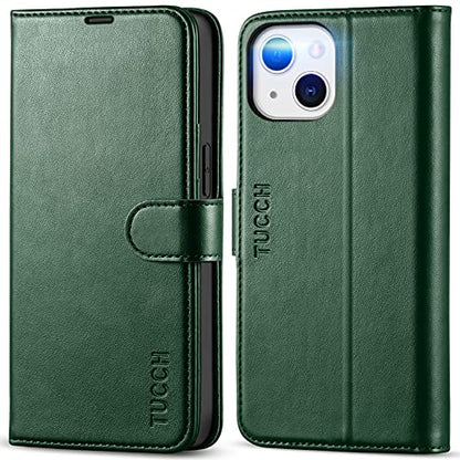 TUCCH Wallet Case for iPhone 13 (6.1") 2021, Flip Stand, Midnight Green | RFID Blocking, 3 Card Holders, Kickstand, PU Leather, Shockproof TPU Shell, Magnetic Closure, Protective Folio Cover - color: Dark Green