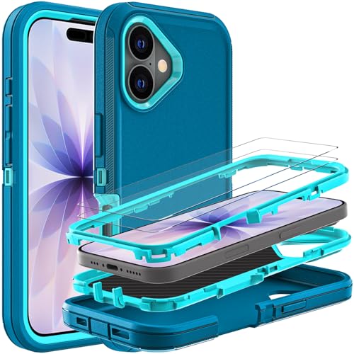 YKHJKLEC for iPhone 17 Case, Military Grade 3 in 1 Heavy Duty Shockproof/Drop Proof/Dust Proof Case with 2Pcs Tempered Glass Screen Protector (Blue/Turquoise) - color: Blue/Turquoise