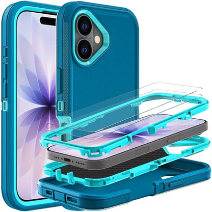 YKHJKLEC for iPhone 17 Case, Military Grade 3 in 1 Heavy Duty Shockproof/Drop Proof/Dust Proof Case with 2Pcs Tempered Glass Screen Protector (Blue/Turquoise) - color: Blue/Turquoise