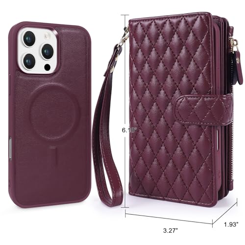 for iPhone 16e/17e Case Wallet,Compatible with MagSafe Magnetic 2 in 1 Magnetic Detachable PU Leather RFID Blocking Wallet Cover Card Holder Zipper Wrist Strap Lanyard,Quilted Wine Red - color: Quilted Wine Red
