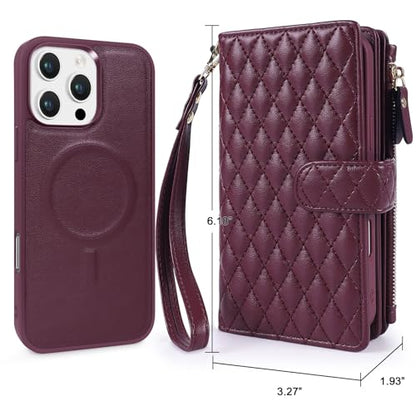 for iPhone 16e/17e Case Wallet,Compatible with MagSafe Magnetic 2 in 1 Magnetic Detachable PU Leather RFID Blocking Wallet Cover Card Holder Zipper Wrist Strap Lanyard,Quilted Wine Red - color: Quilted Wine Red