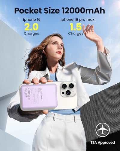 for Magsafe Battery Pack 12000mAh Magnetic Power Bank Portable Charger USB C 20W Fast Charging Wireless Charger Travel Essential for iPhone 16/15/14/13/12 Series Purple | PD 22.5W Fast Charging, USB C in&Out Wireless Battery Pack Phone Charger for iPhone