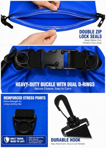 Freegrace Waterproof Dry Bag with Double Zip-Lock, Phone Case & Waist Pouch | 5L Navy Blue, Submersible 500D Drysack, Adjustable Crossbody Strap, Floating Gear For Kayaking, Boating, Beach Trips, Surfing - color: Navy Blue, size: 5L, style: Without Window